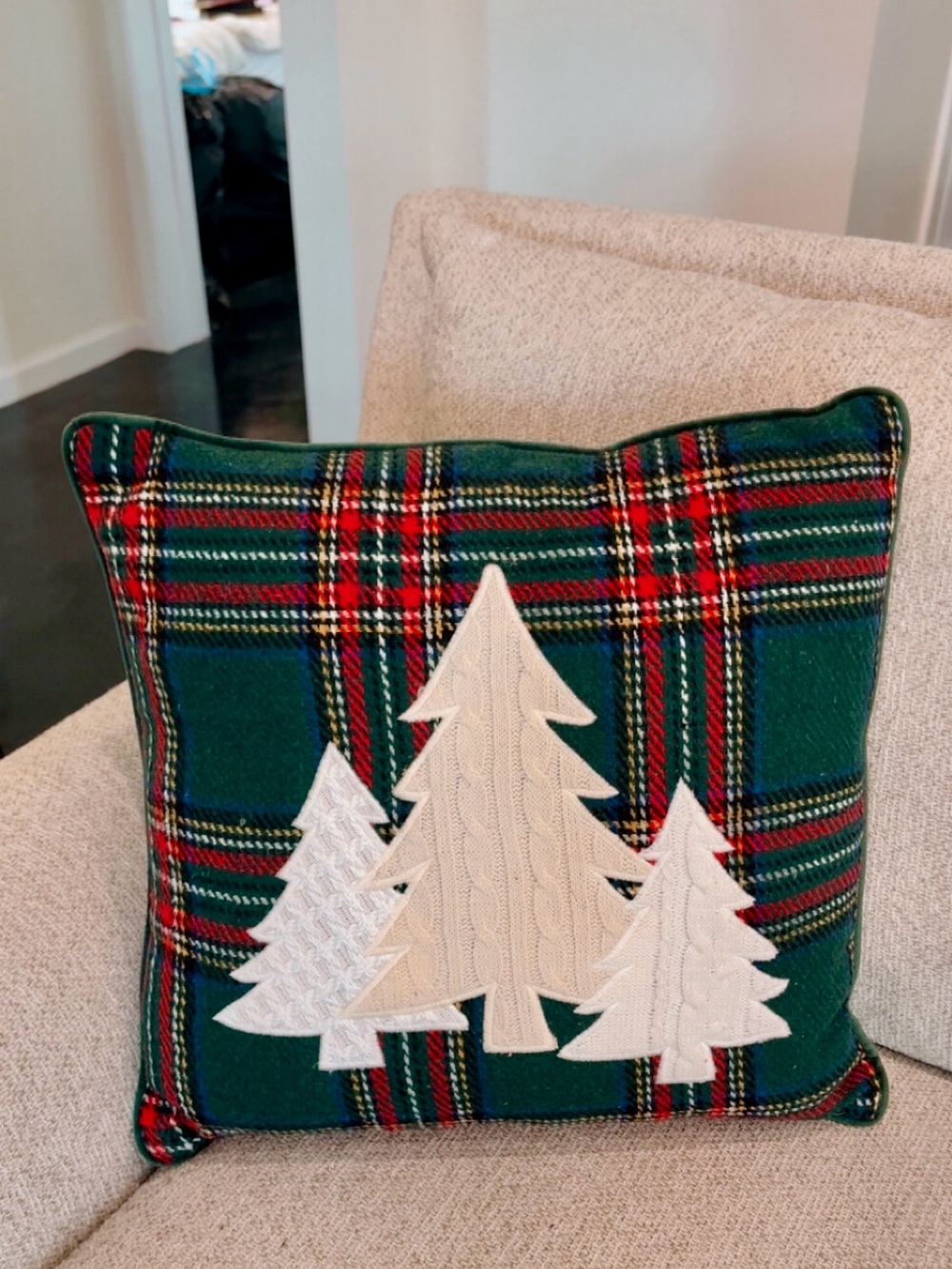 Kirklands Holiday Green Plaid Throw Pillow with Cream Tree Appliqués